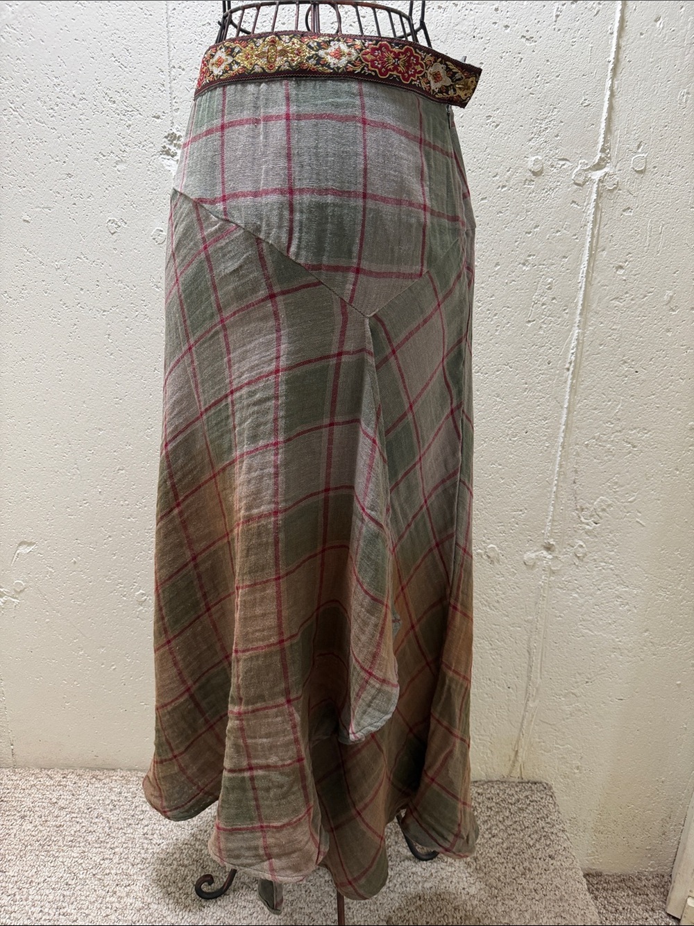 Aratta Muted Sage & Brown Plaid Maxi Skirt with Cranberry Windowpane